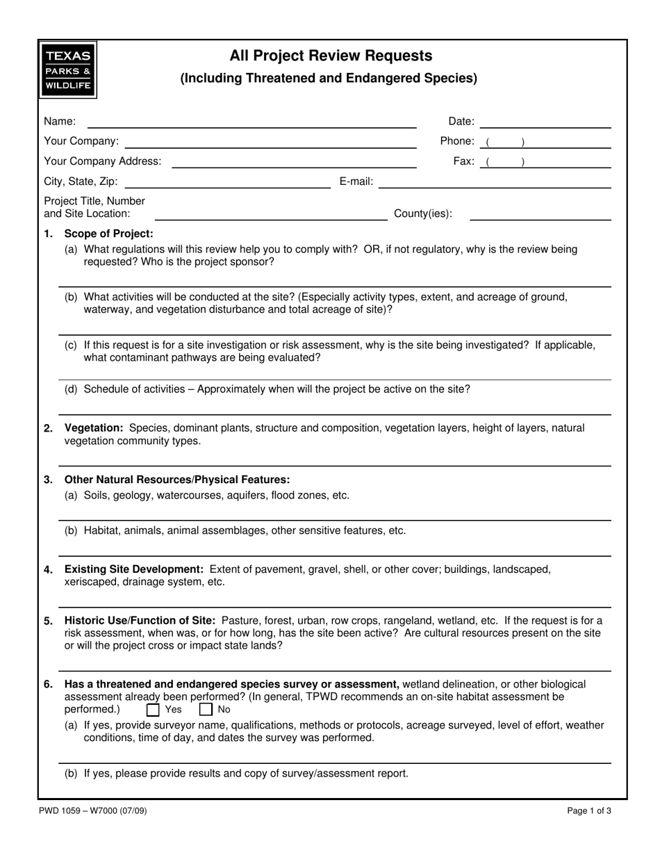 Form PWD1059 All Project Review Requests (Including Threatened and Endangered Species) - Texas, Page 1