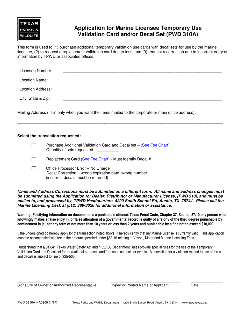 Form PWD310A Application for Marine Licensee Temporary Use Validation Card and / or Decal Set - Texas, Page 1