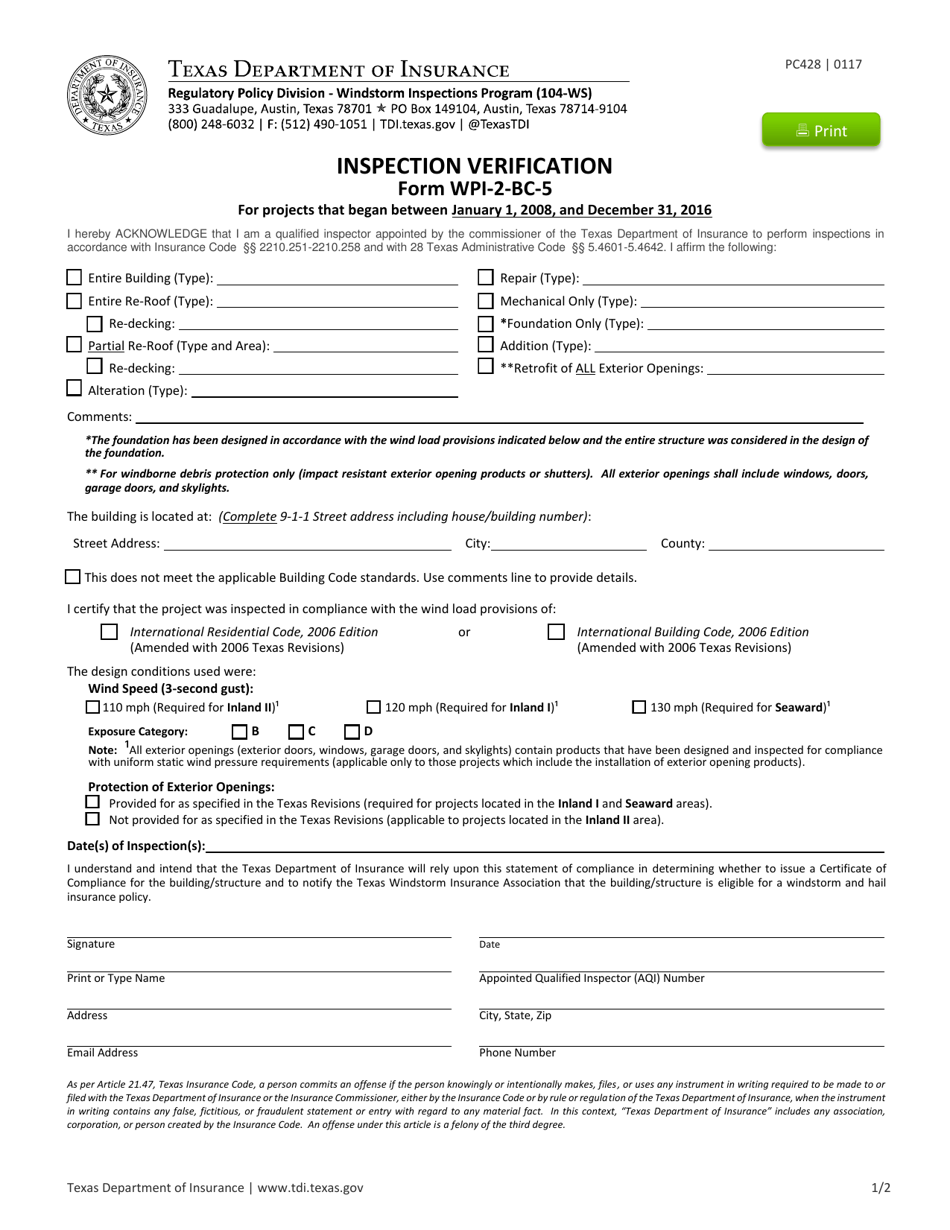 Form PC428 (WPI-2-BC-5) Inspection Verification - Texas, Page 1
