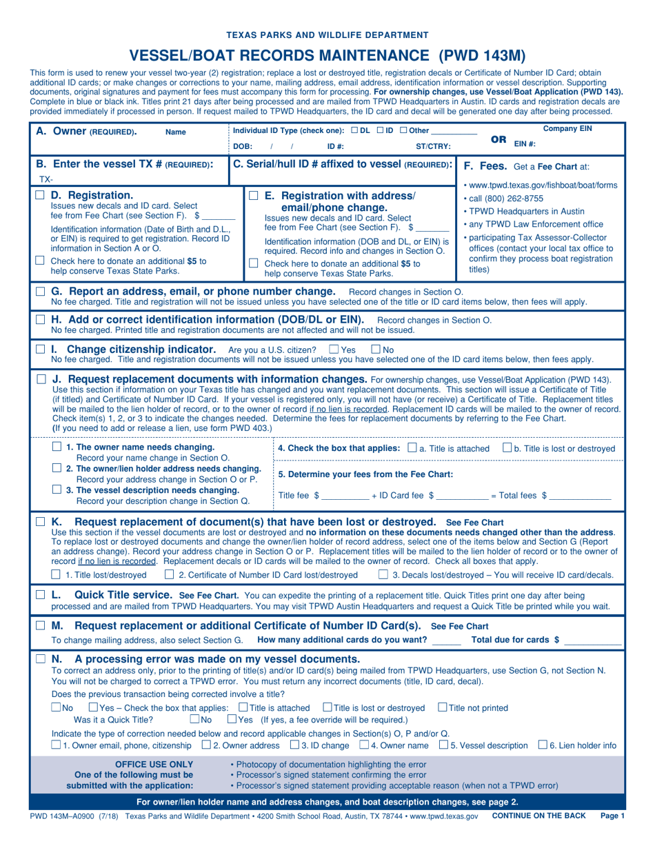 Form PWD143M Vessel / Boat Records Maintenance - Texas, Page 1