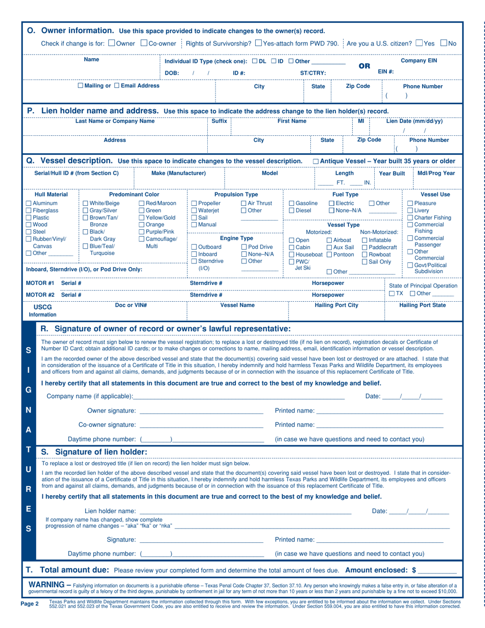 Form PWD143M Vessel / Boat Records Maintenance - Texas, Page 2