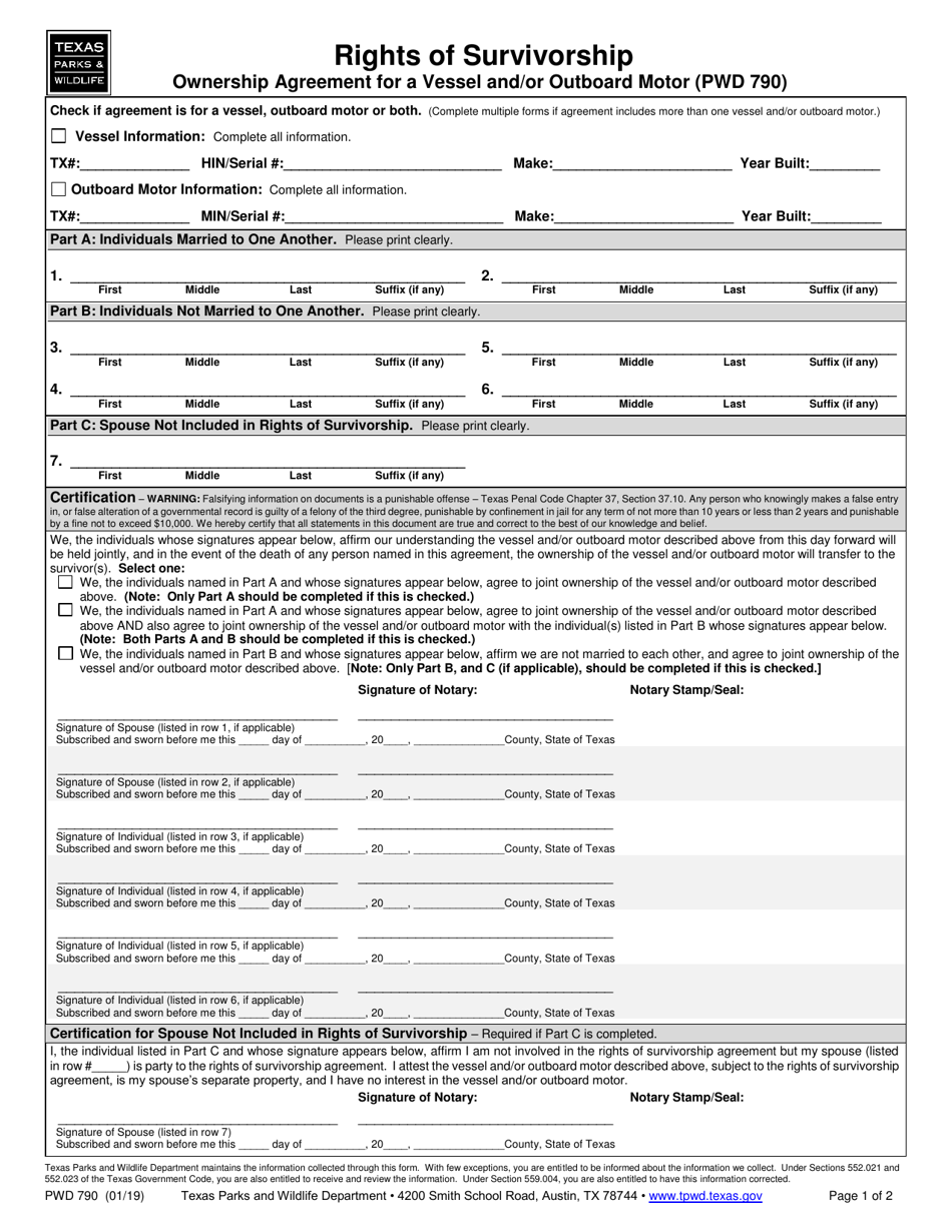Form PWD790 Rights of Survivorship Ownership Agreement for a Vessel and / or Outboard Motor - Texas, Page 1