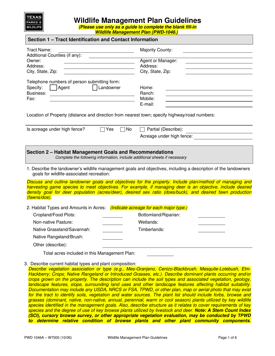 Form PWD1046A Wildlife Management Plan Guidelines - Texas, Page 1