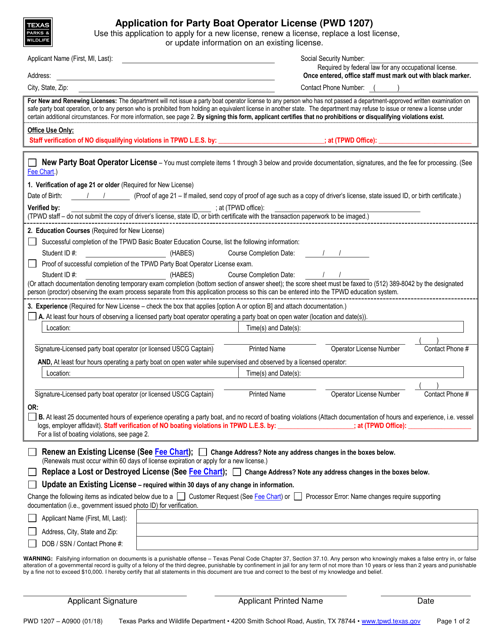 Form PWD1207 Application for Party Boat Operator License - Texas