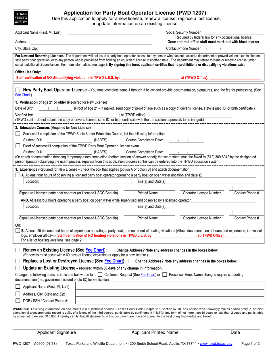 Form PWD1207 Application for Party Boat Operator License - Texas, Page 1