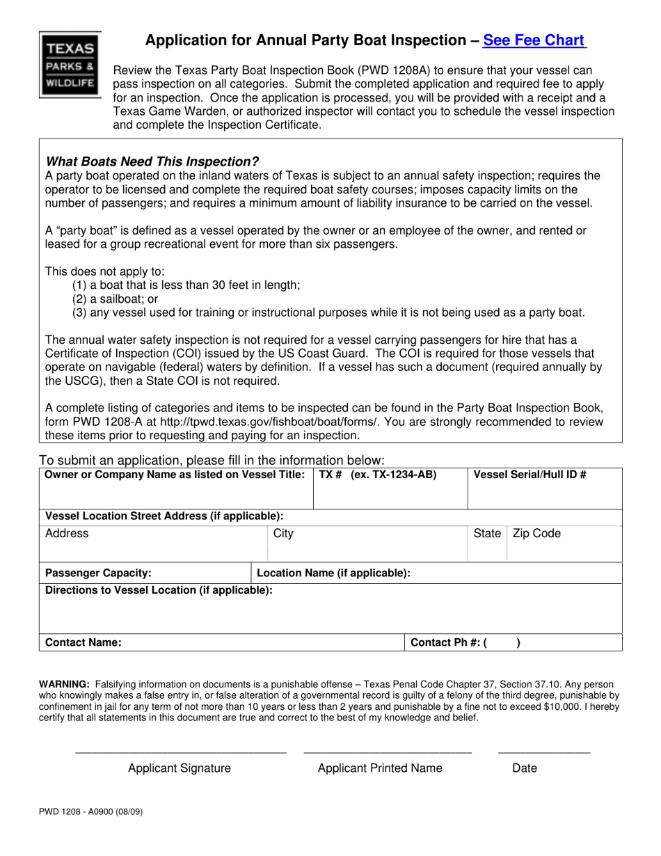 Form PWD1208 Application for Annual Party Boat Inspection - Texas, Page 1