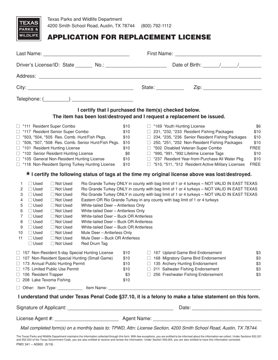 Form PWD341 Application for Replacement License - Texas, Page 1