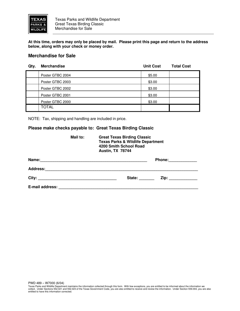 Form PWD489 Merchandise for Sale - Texas, Page 1