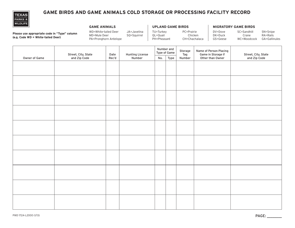 Form PWD172A Game Birds and Game Animals Cold Storage or Processing Facility Record - Texas, Page 3