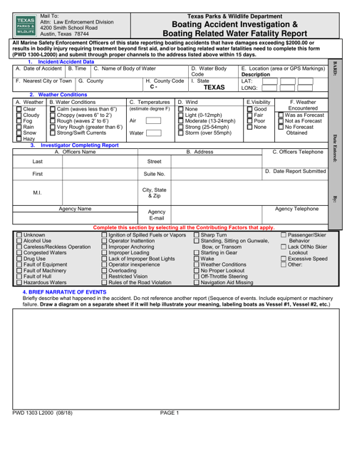 Form PWD1303 L2000 Boating Accident Investigation & Boating Related Water Fatality Report - Texas