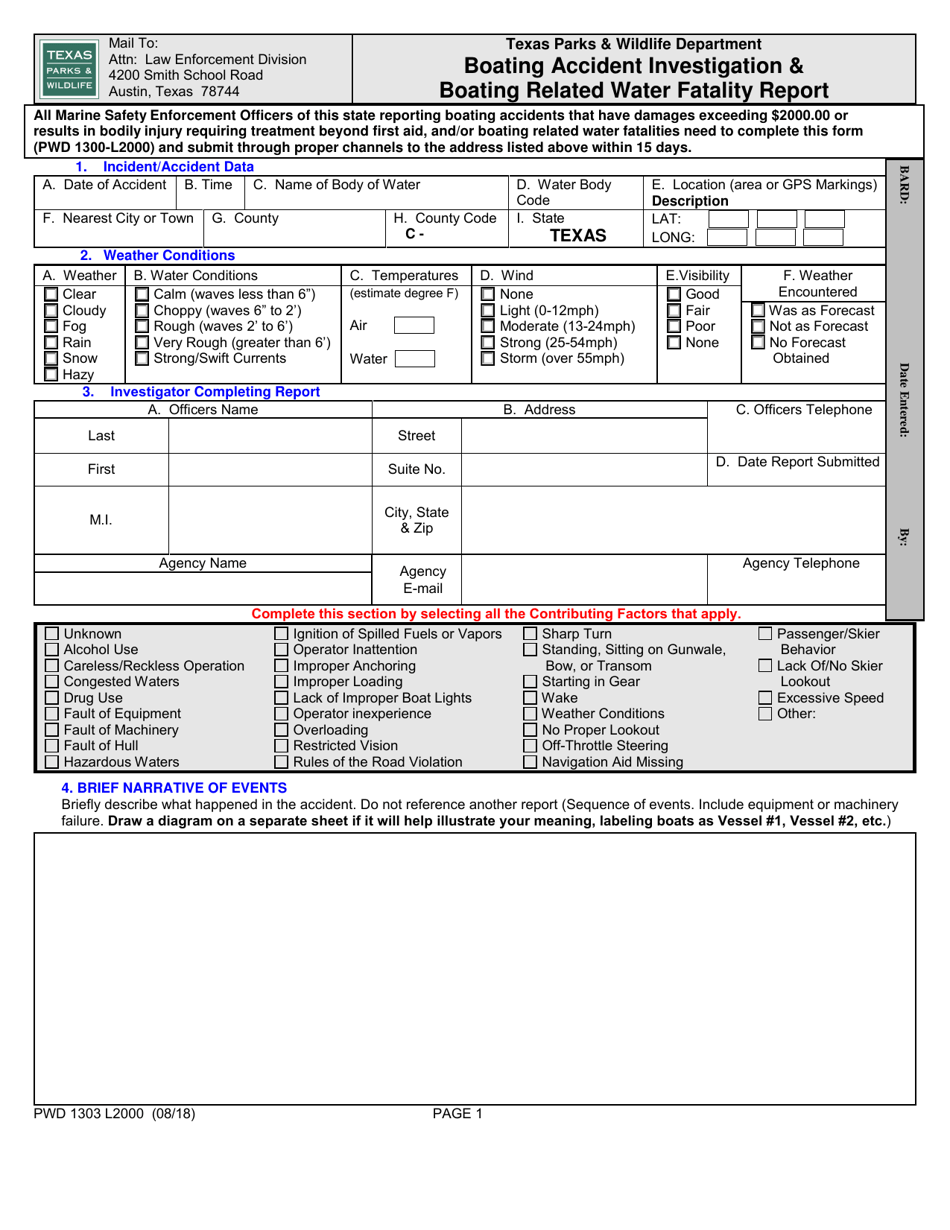 Form PWD1303 L2000 Boating Accident Investigation  Boating Related Water Fatality Report - Texas, Page 1