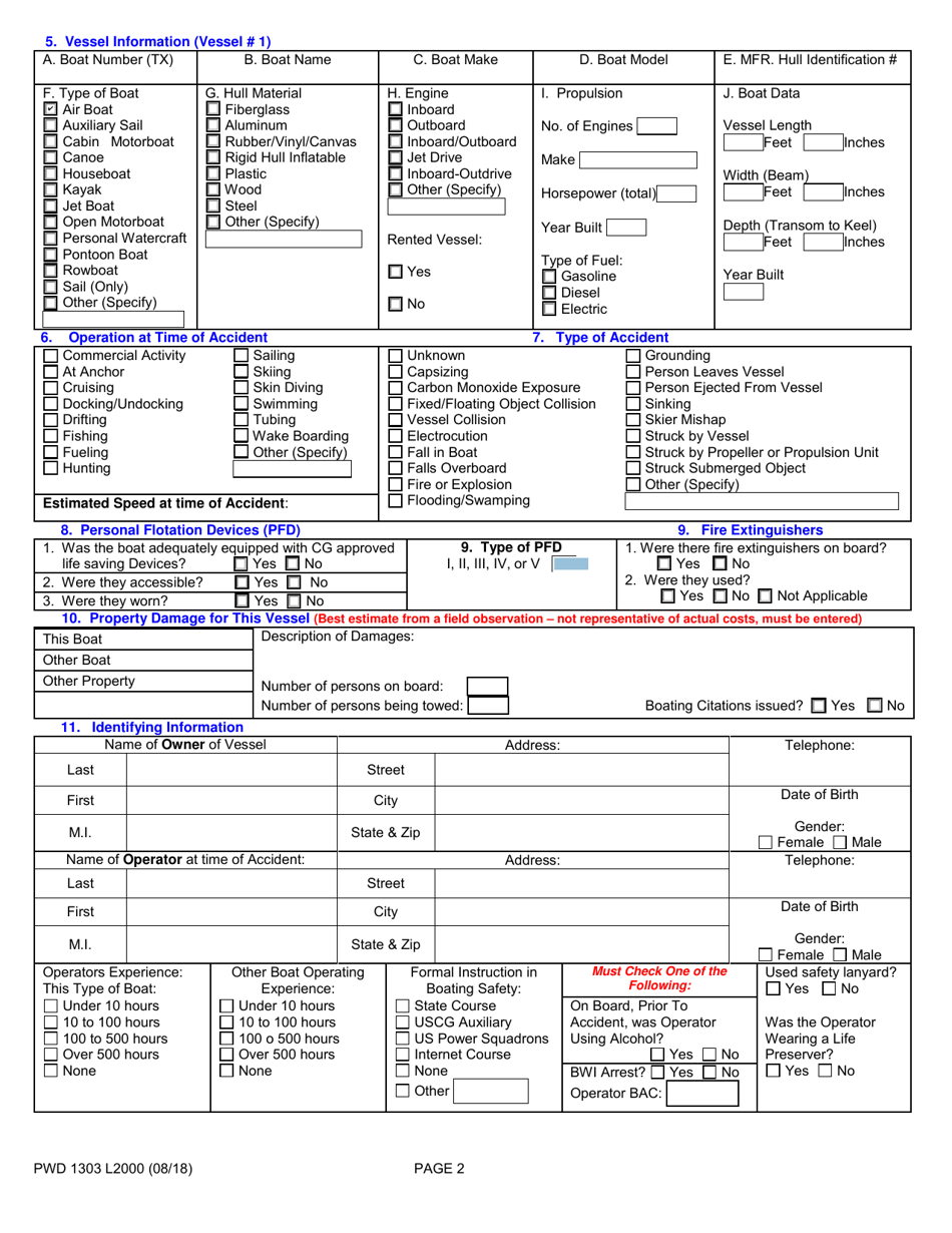 Form PWD1303 L2000 Boating Accident Investigation  Boating Related Water Fatality Report - Texas, Page 2
