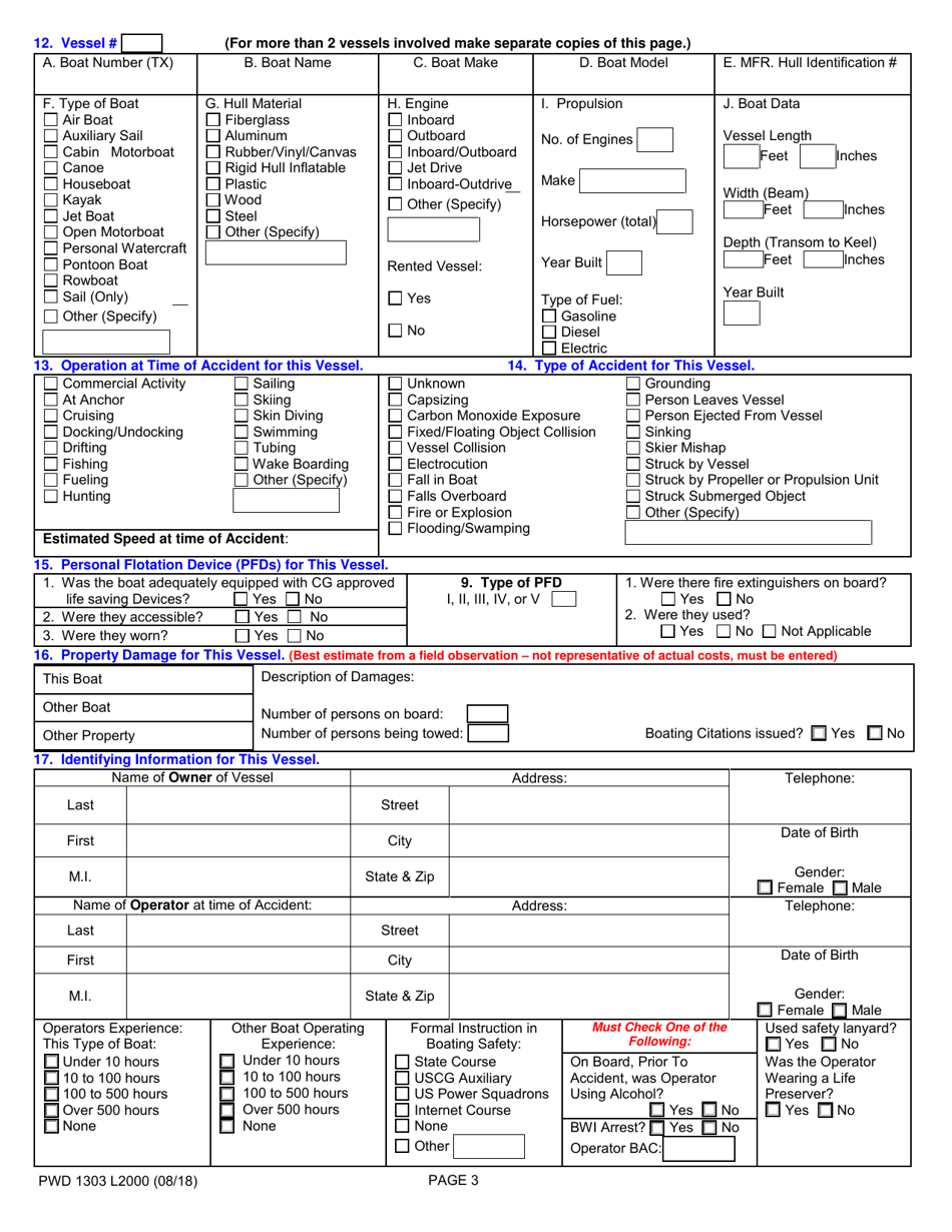 Form PWD1303 L2000 Boating Accident Investigation  Boating Related Water Fatality Report - Texas, Page 3