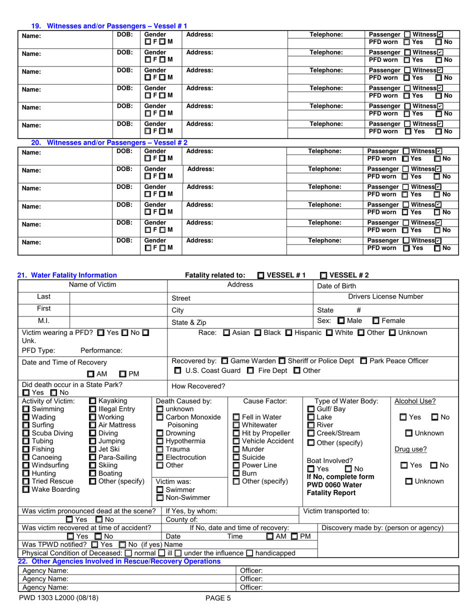 Form PWD1303 L2000 Boating Accident Investigation  Boating Related Water Fatality Report - Texas, Page 5