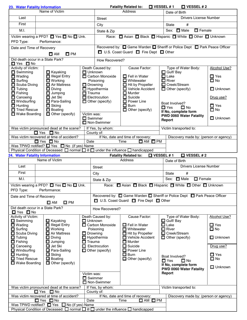 Form PWD1303 L2000 Boating Accident Investigation  Boating Related Water Fatality Report - Texas, Page 6