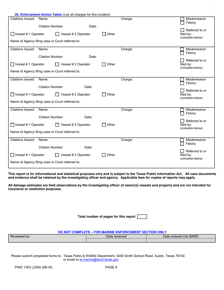 Form PWD1303 L2000 Boating Accident Investigation  Boating Related Water Fatality Report - Texas, Page 8