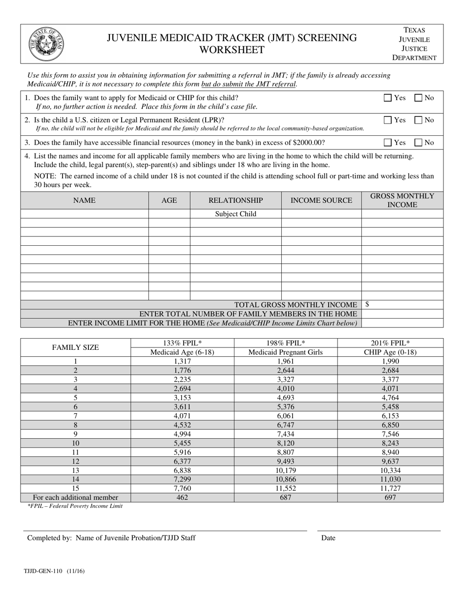 Form TJJD-GEN-110 Juvenile Medicaid Tracker (Jmt) Screening Worksheet - Texas, Page 1