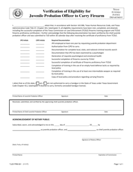 Document preview: Form TJJD-FRM-001 Verification of Eligibility for Juvenile Probation Officer to Carry Firearm - Texas