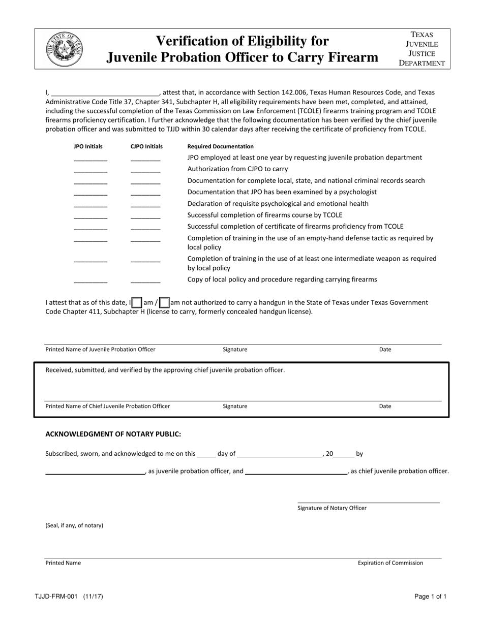 Form TJJD-FRM-001 Verification of Eligibility for Juvenile Probation Officer to Carry Firearm - Texas, Page 1