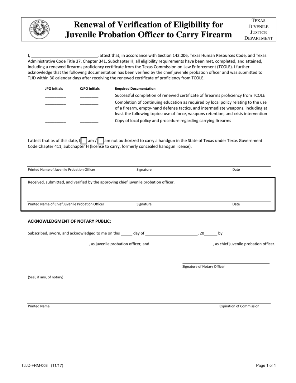Form TJJD-FRM-003 Renewal of Verification of Eligibility for Juvenile Probation Officer to Carry Firearm - Texas, Page 1
