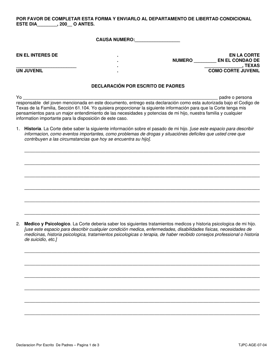 Formulario TJPC-AGE-07-04 Declaracion Por Escrito De Padres - Texas (Spanish), Page 2
