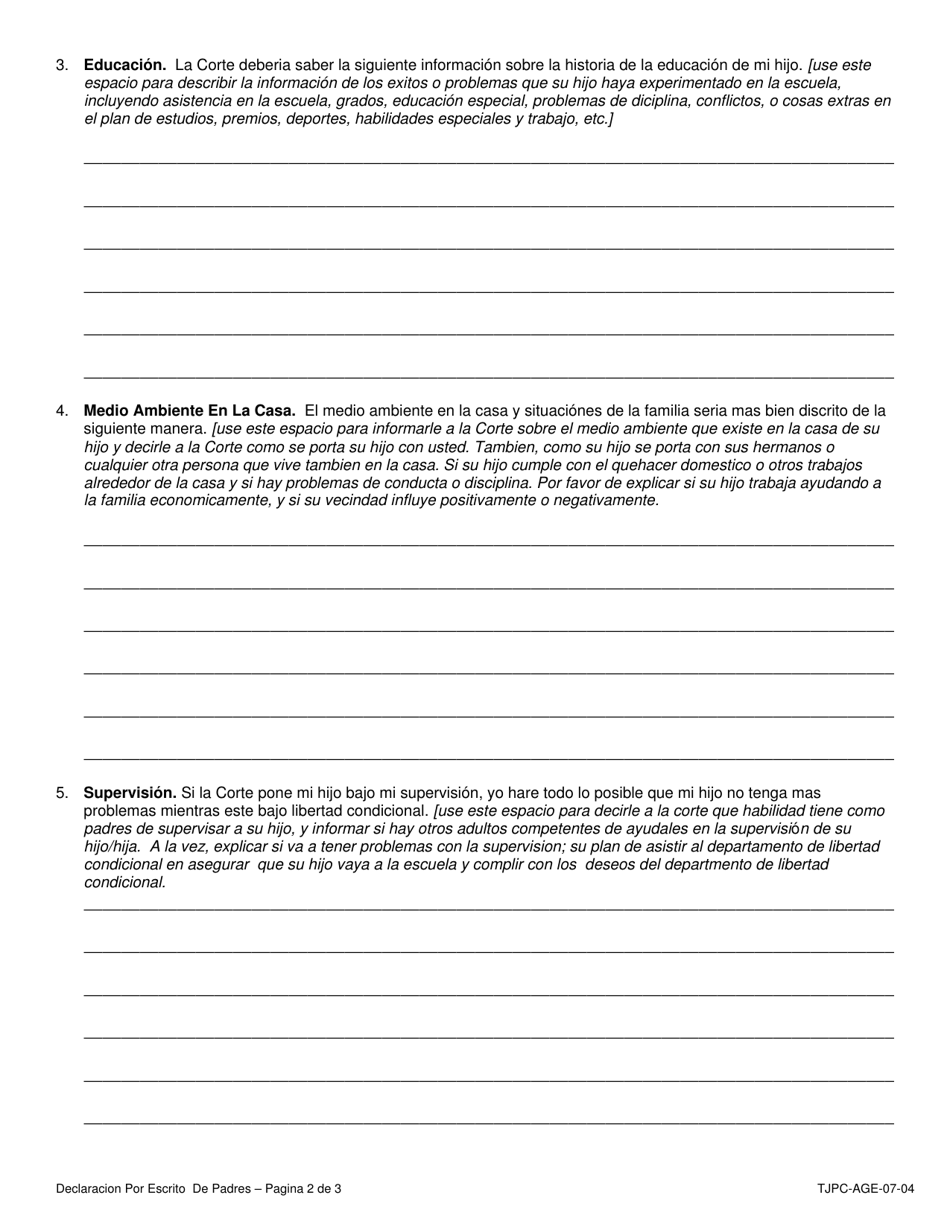 Formulario TJPC-AGE-07-04 Declaracion Por Escrito De Padres - Texas (Spanish), Page 3