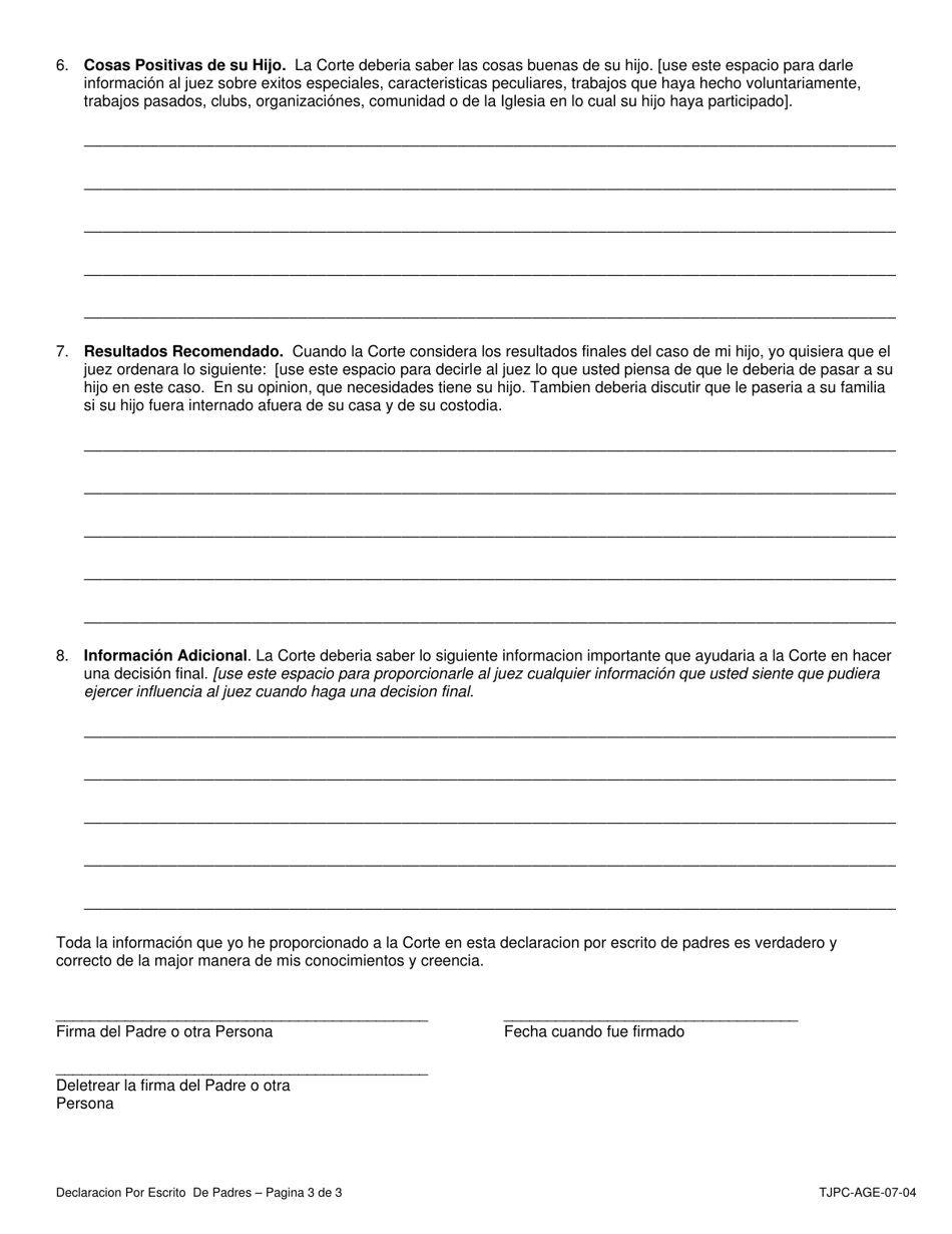 Formulario TJPC-AGE-07-04 Declaracion Por Escrito De Padres - Texas (Spanish), Page 4