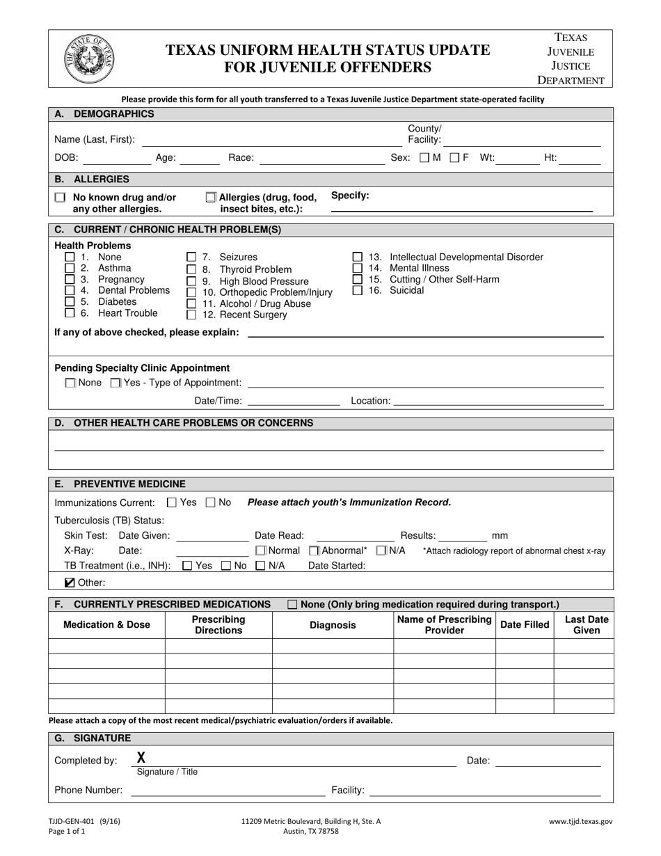 Form TJJD-GEN-401 Texas Uniform Health Status Update for Juvenile Offenders - Texas, Page 1