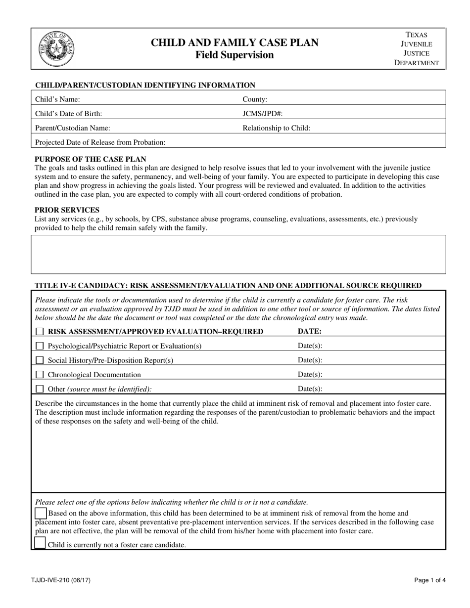 Form TJJD-IVE-210 Child and Family Case Plan, Field Supervision - Texas, Page 1