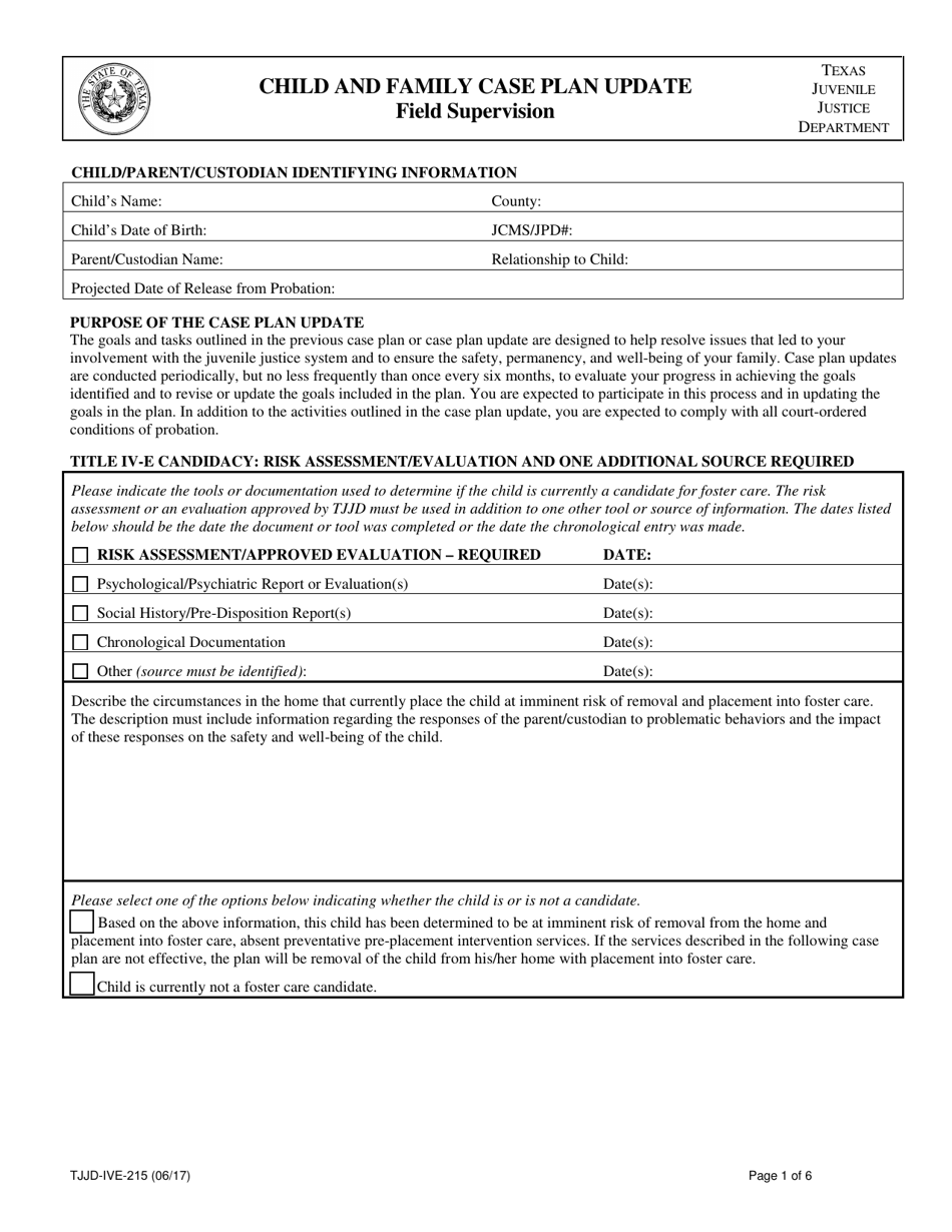 Form TJJD-IVE-215 Child and Family Case Plan Update, Field Supervision - Texas, Page 1