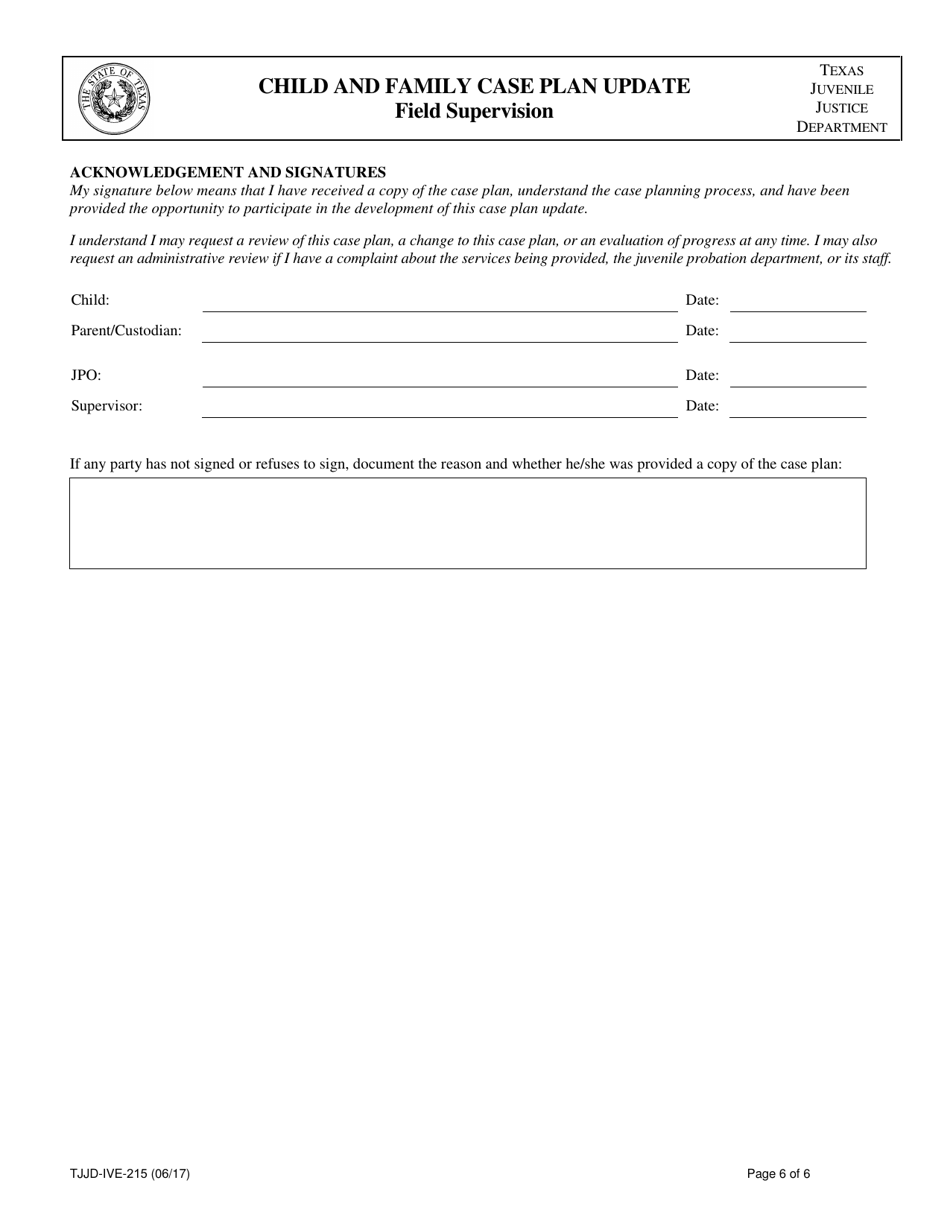 Form TJJD-IVE-215 Child and Family Case Plan Update, Field Supervision - Texas, Page 6