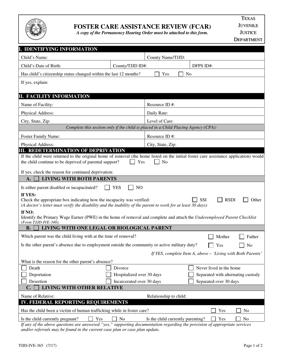 Form TJJD-IVE-365 Foster Care Assistance Review (Fcar) - Texas, Page 1