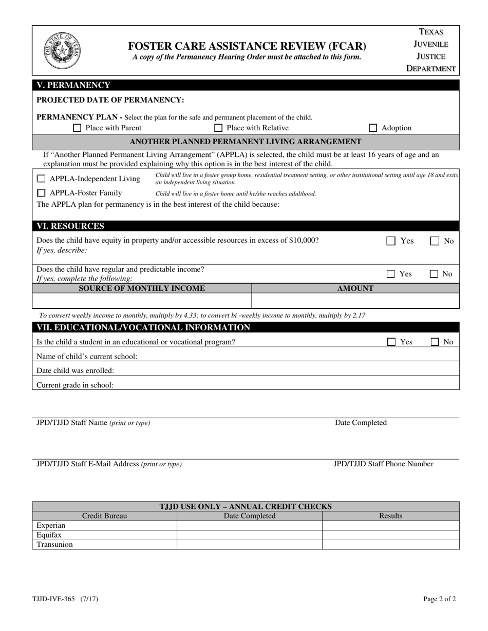 Form TJJD-IVE-365 Foster Care Assistance Review (Fcar) - Texas, Page 2