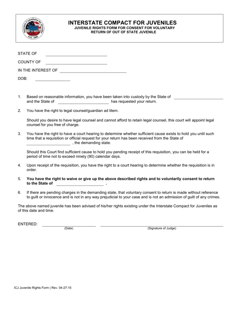 Juvenile Rights Form for Consent for Voluntary Return of out of State Juvenile