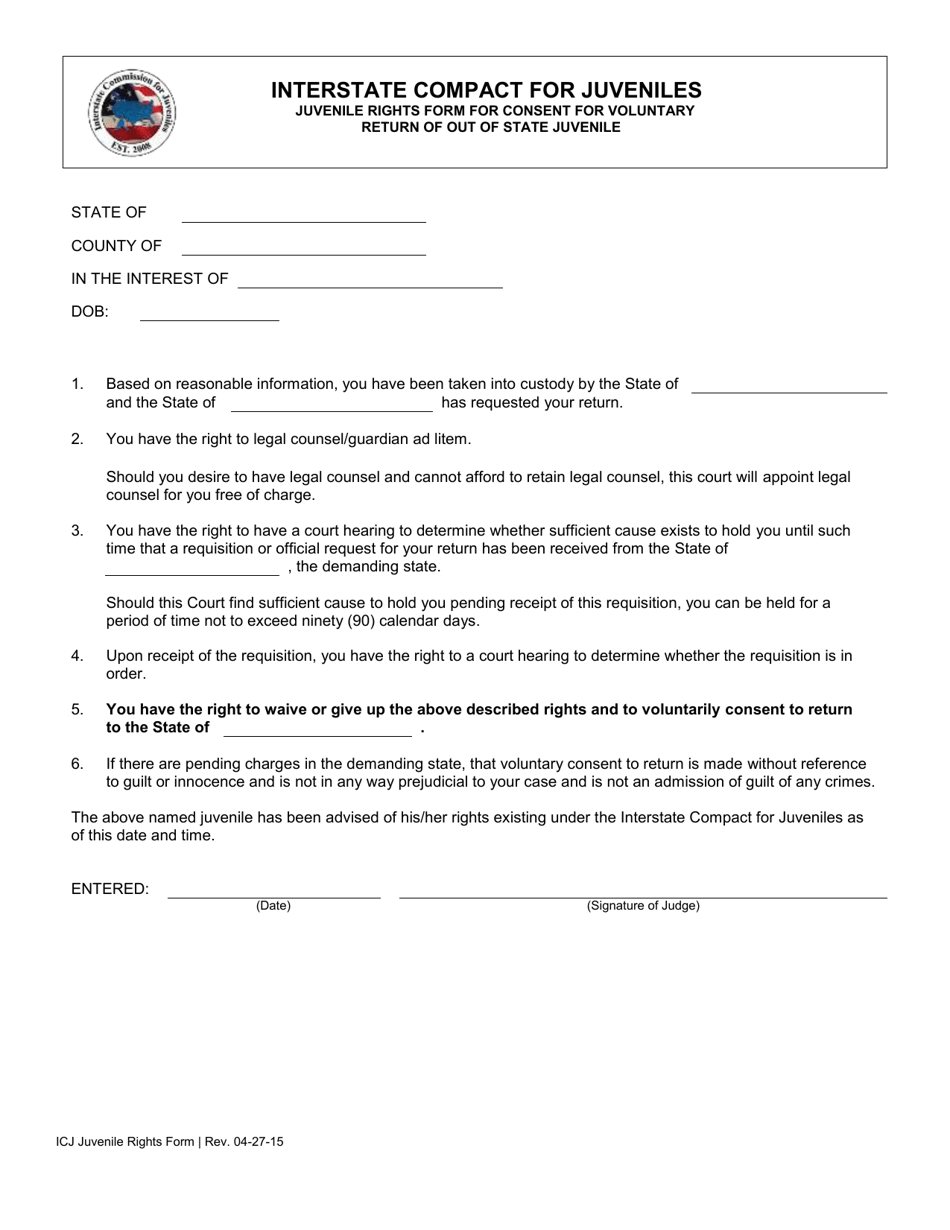 Juvenile Rights Form for Consent for Voluntary Return of out of State Juvenile, Page 1