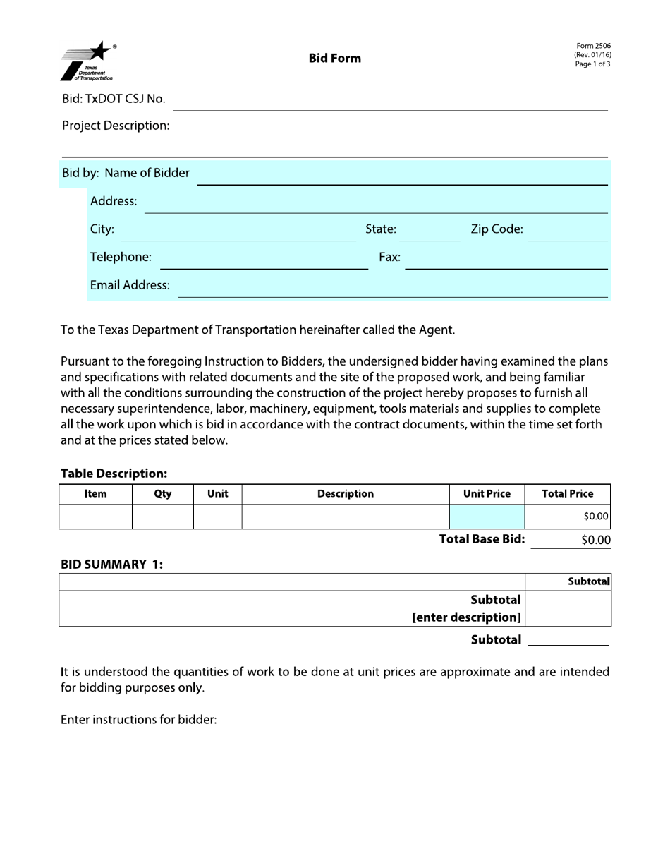 Form 2506 Bid Form - Texas, Page 1