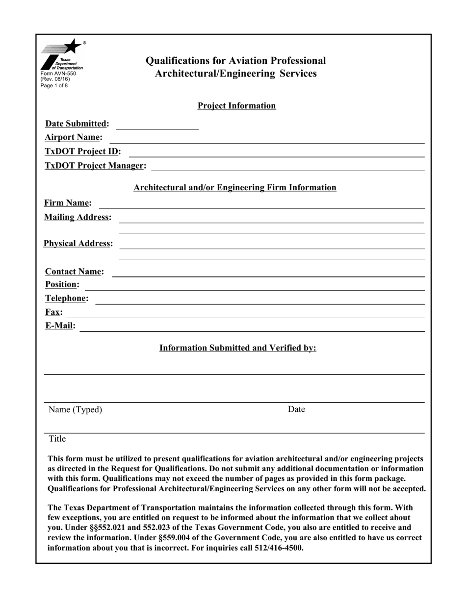 Form AVN-550 Qualifications for Aviation Professional Architectural / Engineering Services - Texas, Page 1