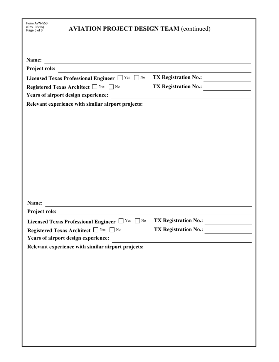 Form AVN-550 Qualifications for Aviation Professional Architectural / Engineering Services - Texas, Page 3
