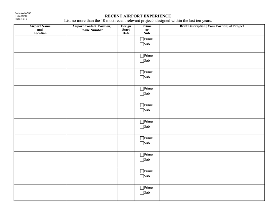 Form AVN-550 Qualifications for Aviation Professional Architectural / Engineering Services - Texas, Page 4