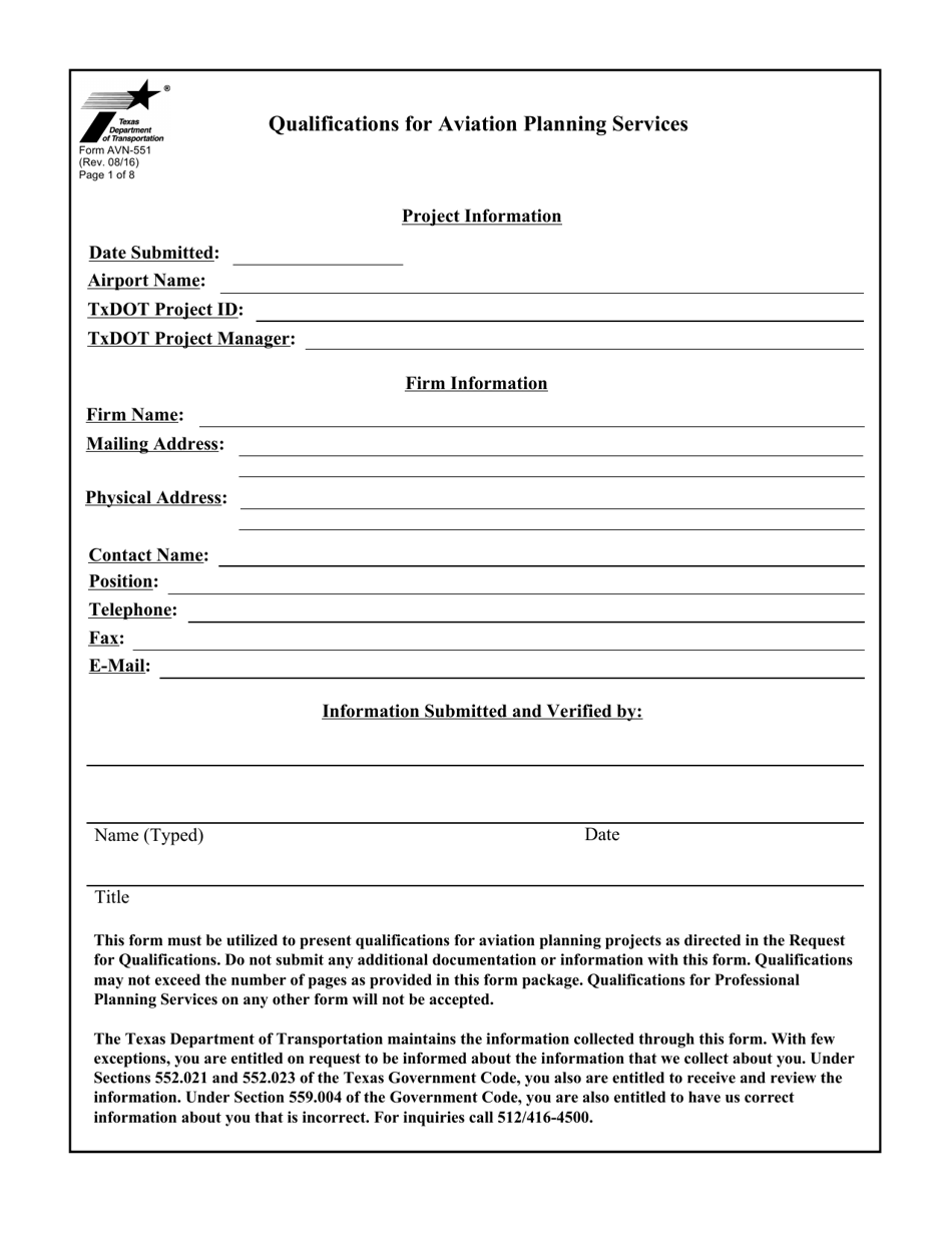 Form AVN-551 Qualifications for Aviation Planning Services - Texas, Page 1