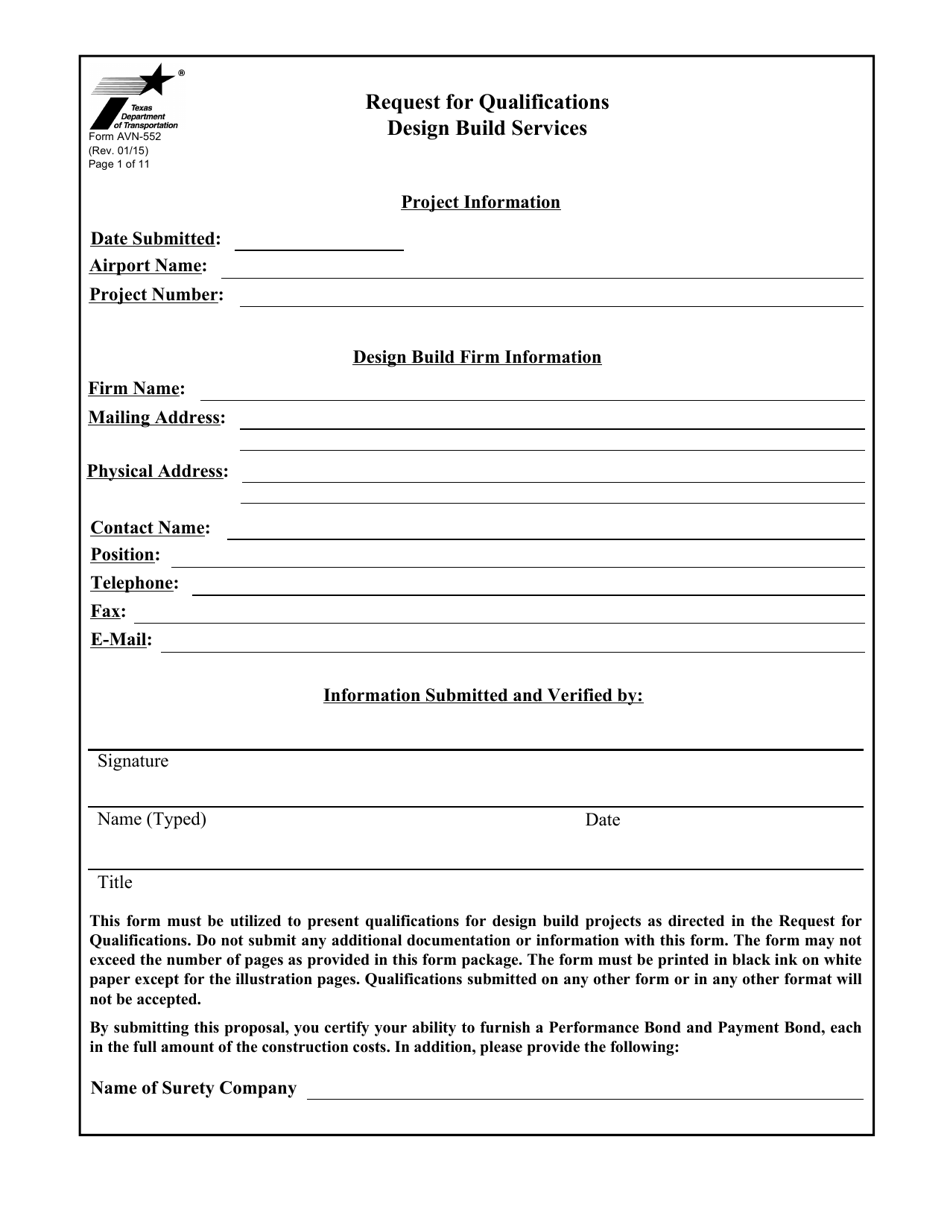Form AVN-552 Request for Qualifications Design Build Services - Texas, Page 1