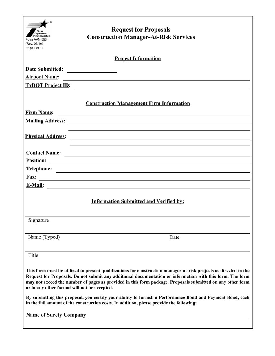 Form AVN-553 Request for Proposals Construction Manager-At-Risk Services - Texas, Page 1