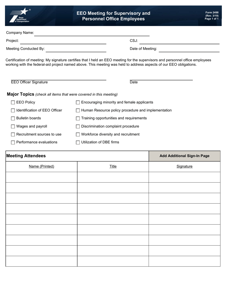Form 2498 EEO Meeting for Supervisory and Personnel Office Employees - Texas, Page 1