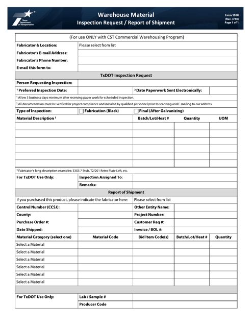 Form 1908 Warehouse Material Inspection Request/Report of Shipment - Texas