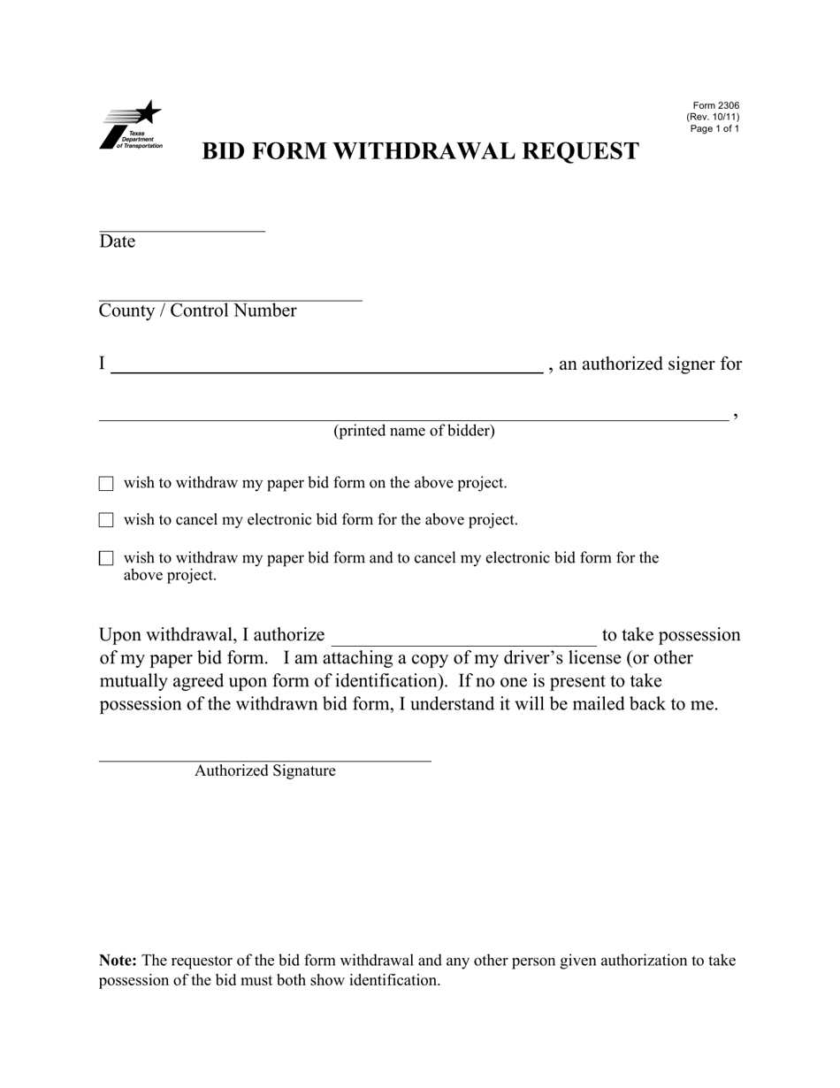 Form 2306 Bid Form Withdrawal Request - Texas, Page 1