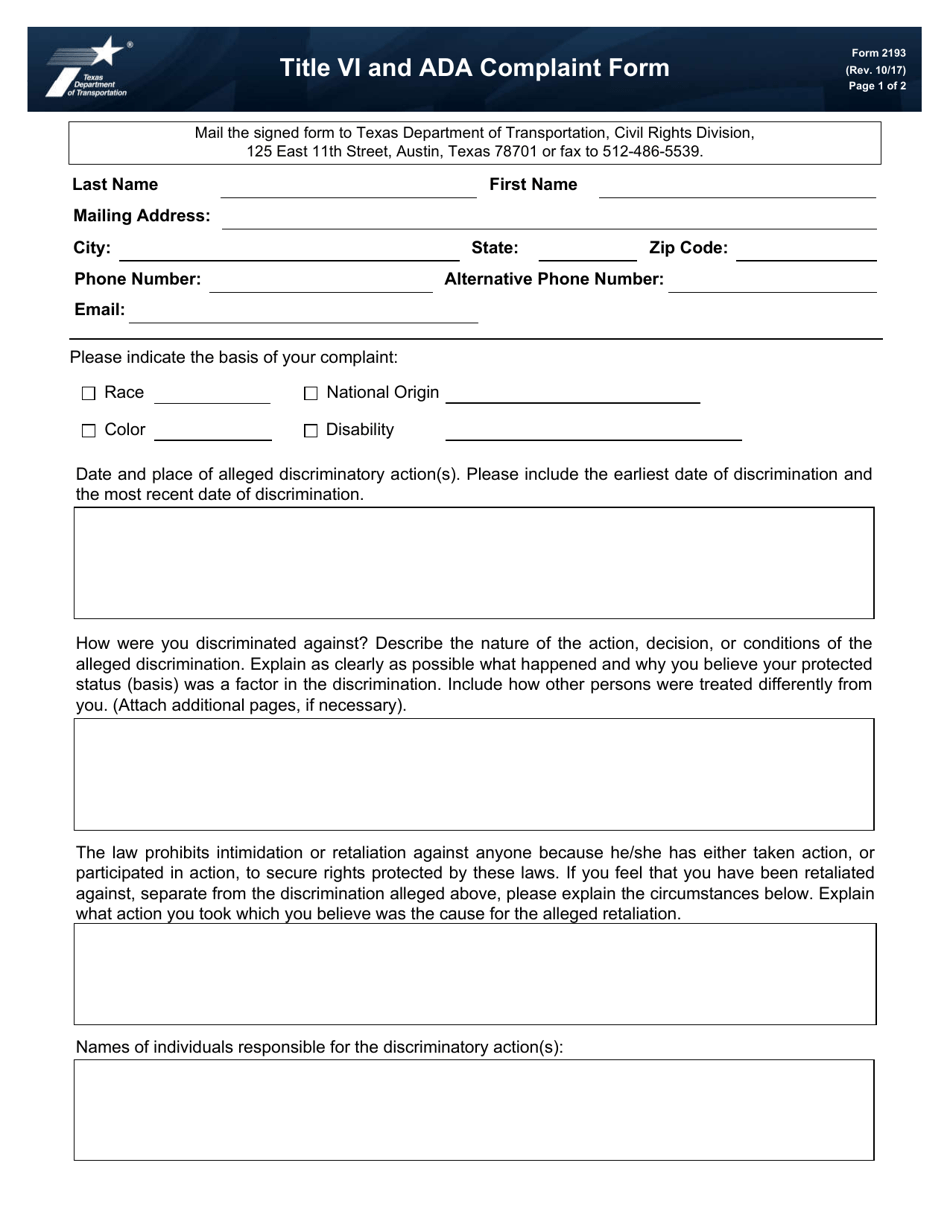 Form 2193 Title VI and Ada Complaint Form - Texas, Page 1