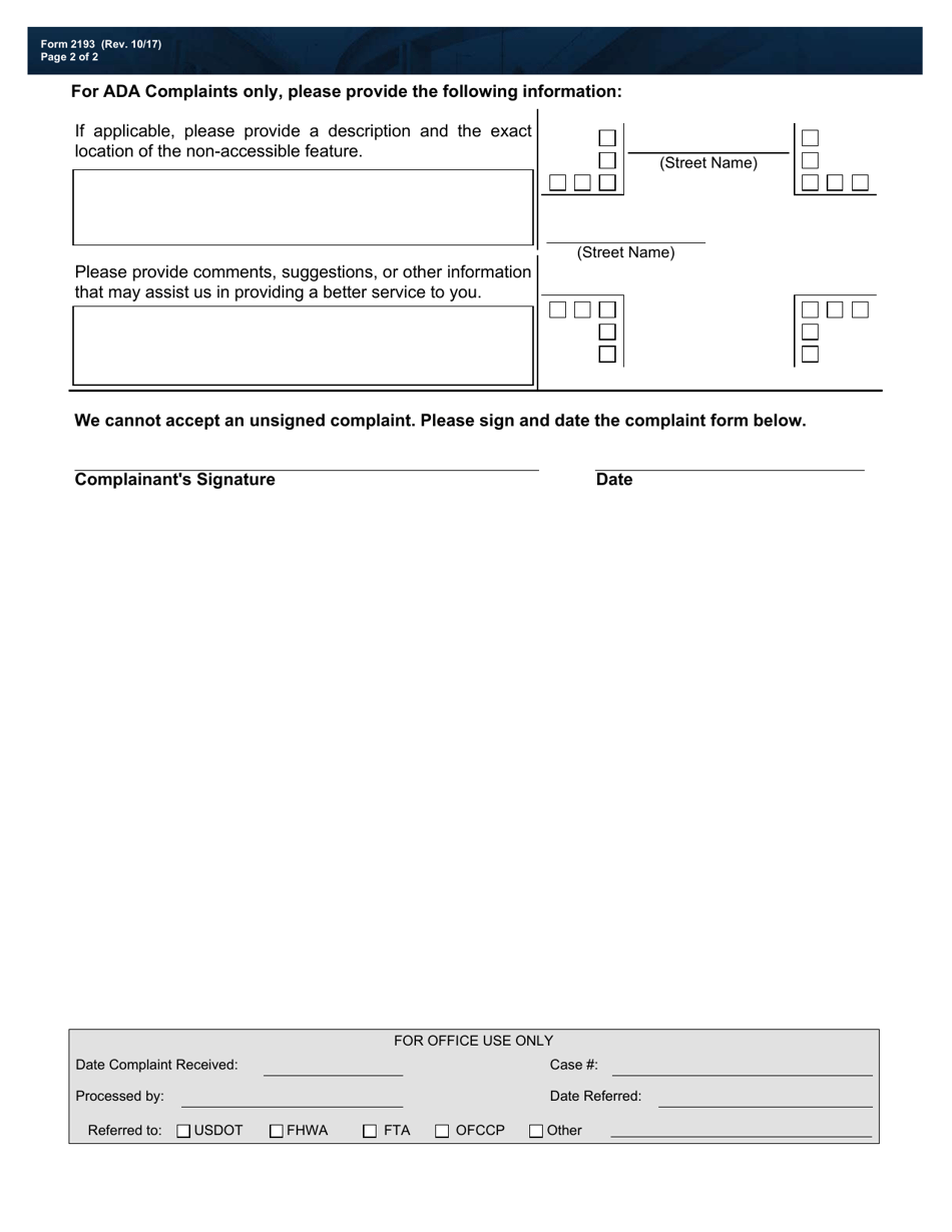 Form 2193 Title VI and Ada Complaint Form - Texas, Page 3