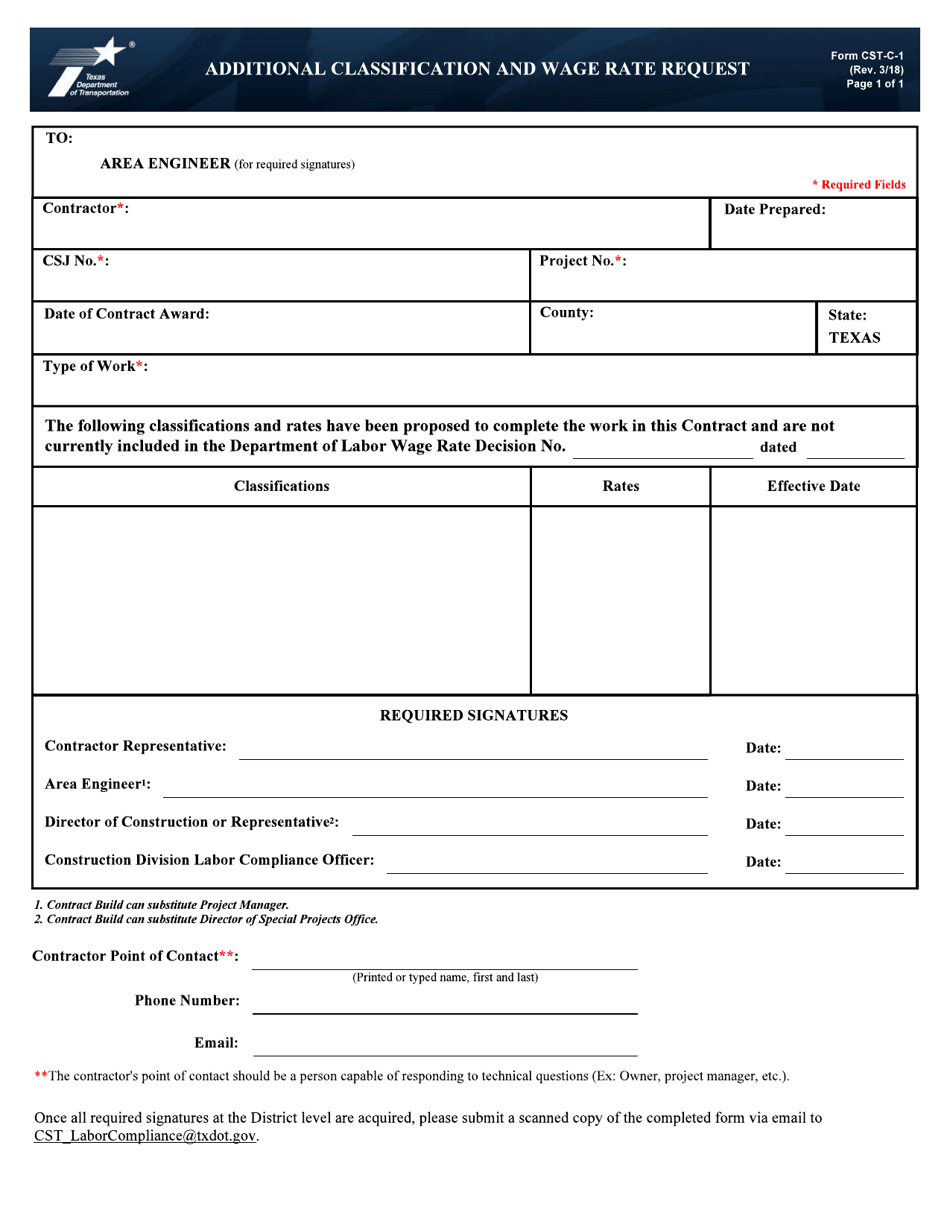 Form CST-C-1 Additional Classification and Wage Rate Request - Texas, Page 1