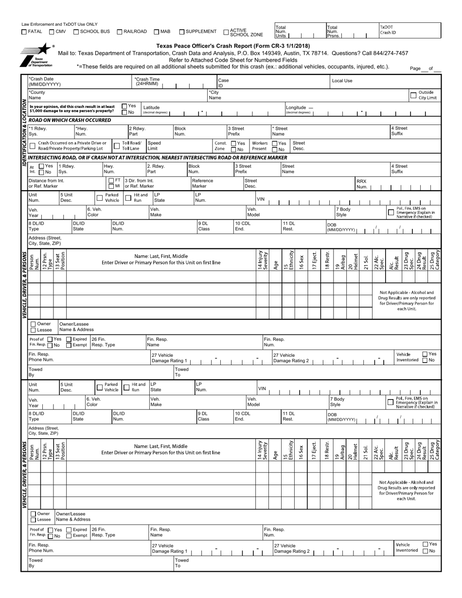 Form CR-3 Texas Peace Officers Crash Report - Texas, Page 1