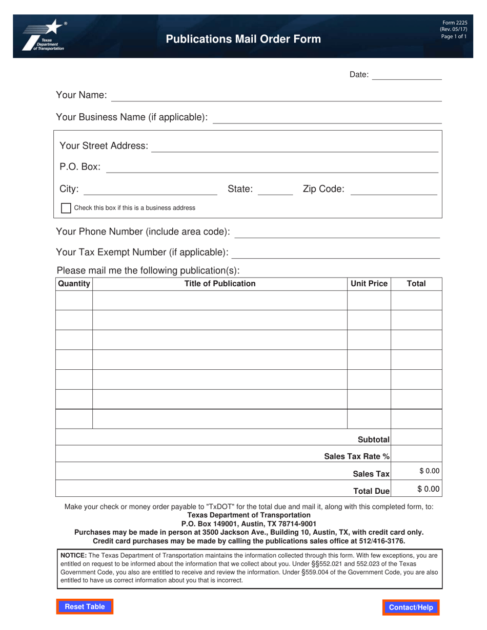 Form 2225 Publications Mail Order Form - Texas, Page 1